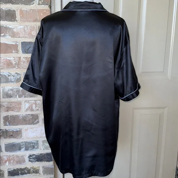 Black Silk Button-Up Pajama Top White Piping Short Sleeve Sophisticated Sz L - Picture 3 of 8